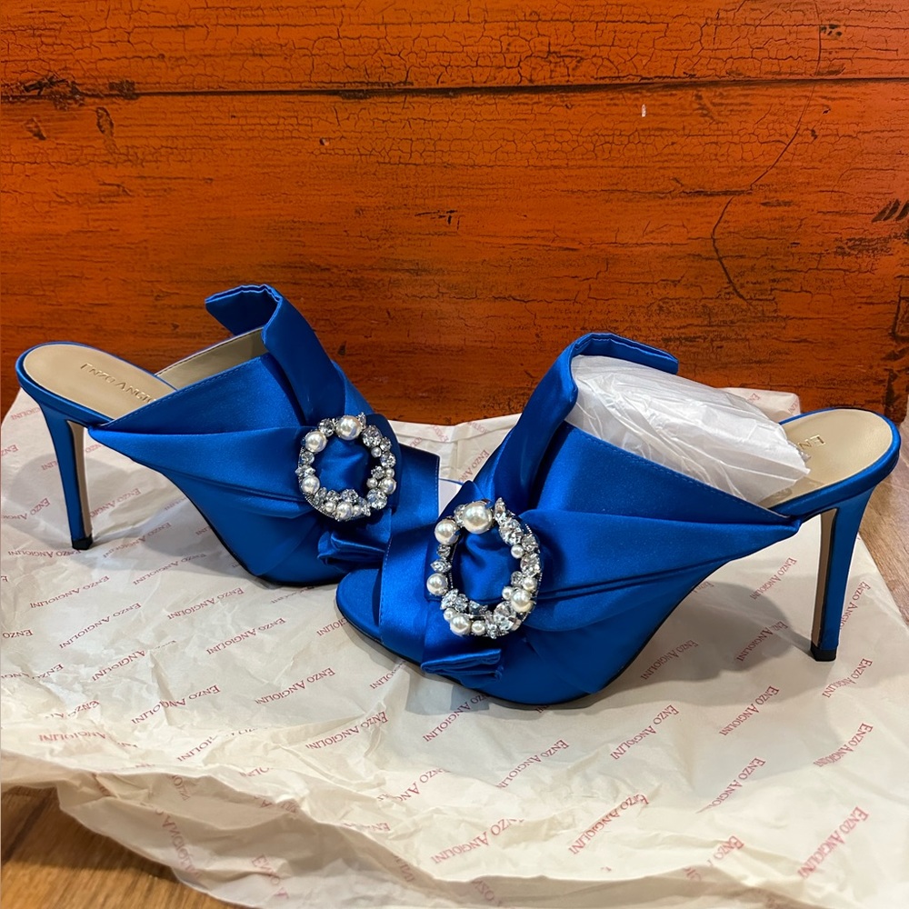 NEW Enzo Angioloni Blue Satin With Pearl & Crystal Open Toe Stiletto.